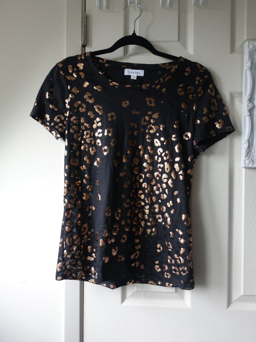 Calvin Klein Black Top with Metallic Gold Leopard Print